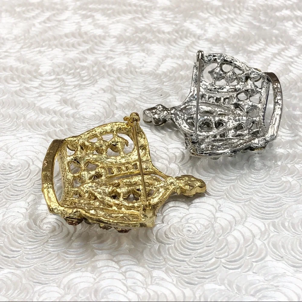 Large Enamel Painted Rhinestone Bling Crown Pin